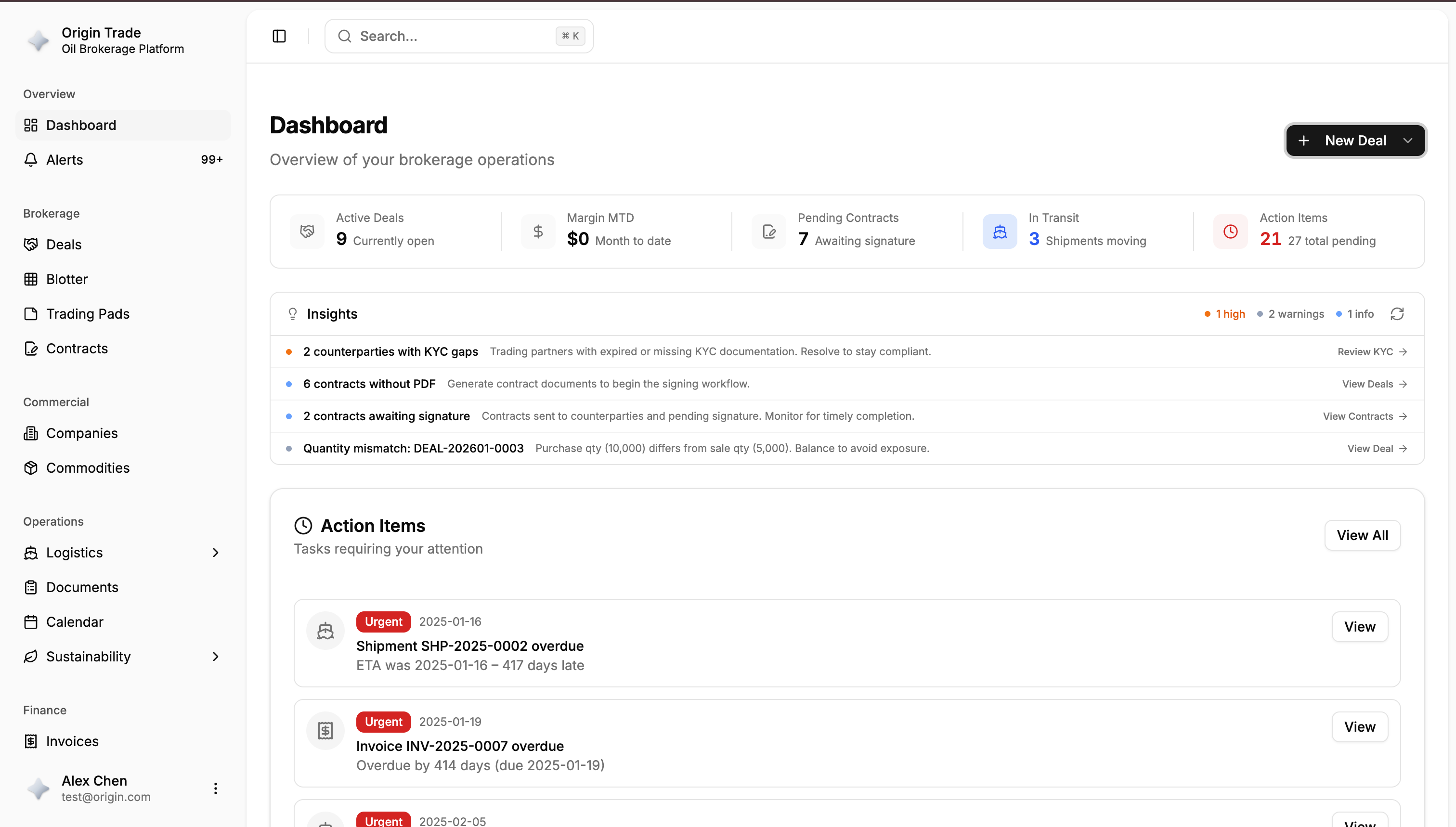Origin Trade dashboard — deals, contracts, compliance and logistics in one screen
